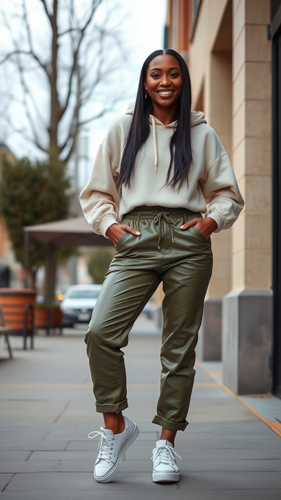 A woman wearing green leather pants and a cropped hoodie, smiling outdoors.