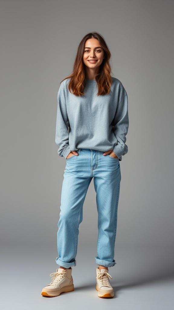 A woman wearing a grey long sleeve shirt and blue baggy jeans, smiling at the camera.