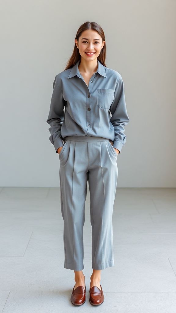A woman wearing a grey long sleeve shirt and pleated culottes, smiling confidently.