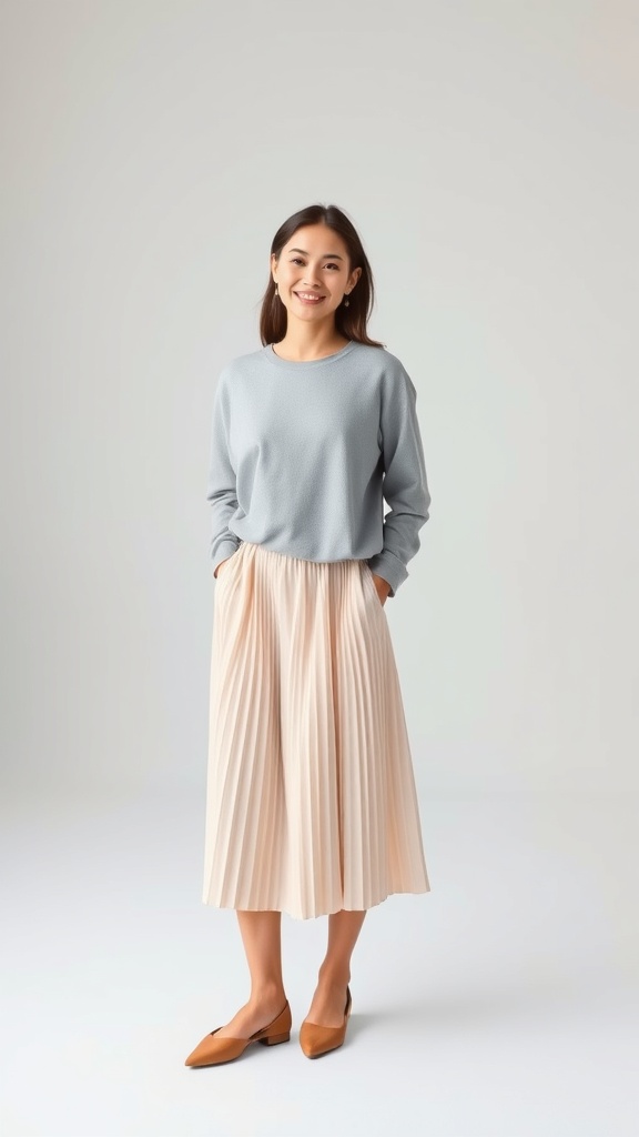A woman wearing a grey long sleeve shirt and a pleated midi skirt, smiling.