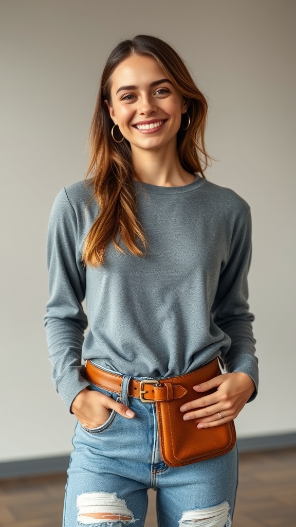 A woman smiling while wearing a grey long sleeve shirt and ripped mom jeans, holding her hands on her hips.