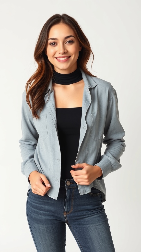 A woman wearing a grey long sleeve shirt over a black turtleneck, paired with jeans, smiling at the camera.