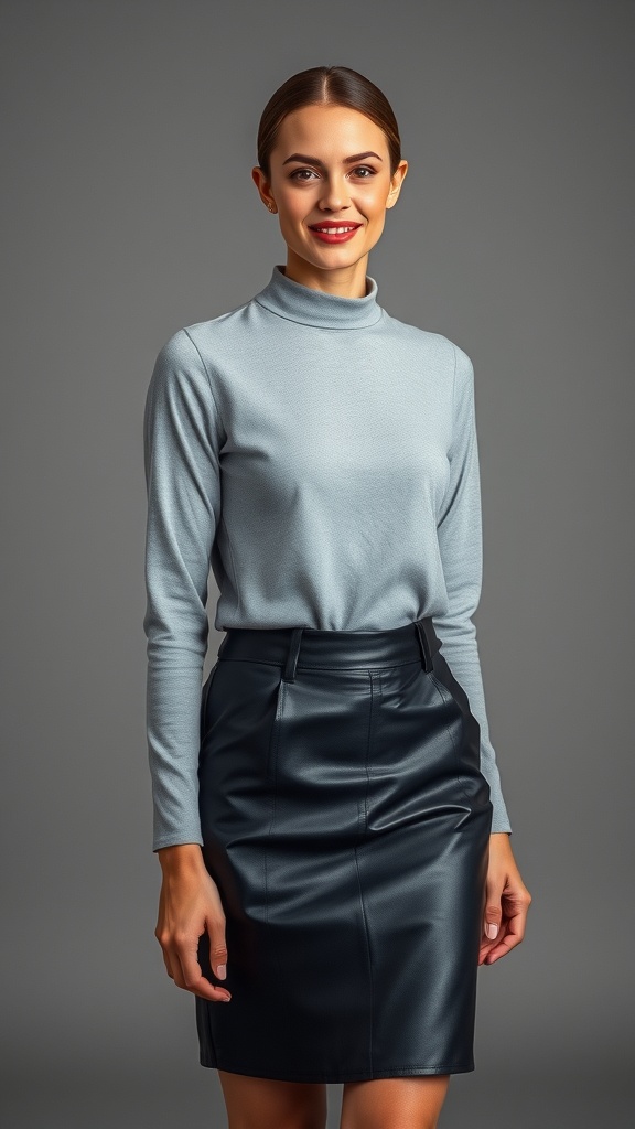 A model wearing a grey long sleeve shirt tucked into a black leather skirt, showcasing a stylish outfit.