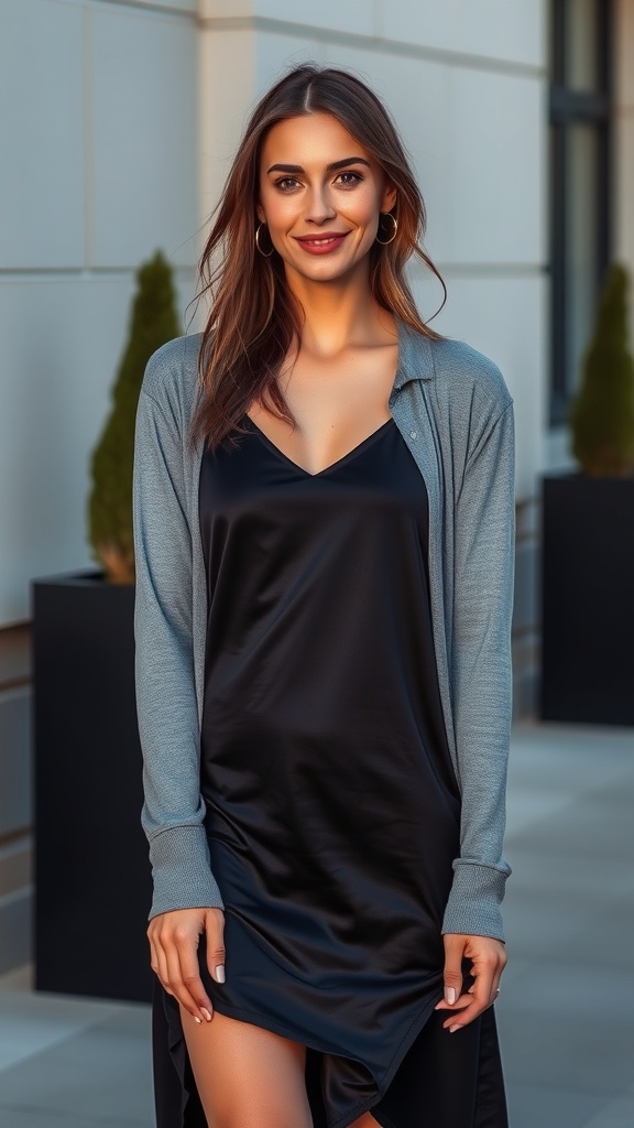 A woman wearing a grey long sleeve shirt under a black slip dress, smiling outdoors.