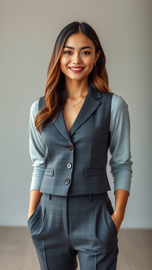 A woman wearing a grey long sleeve shirt under a cropped vest and slacks, smiling confidently.