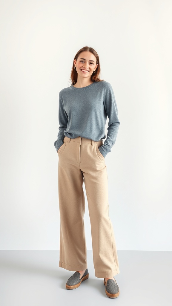 A woman smiling while wearing a grey long sleeve shirt and beige knit pants, standing against a light background.