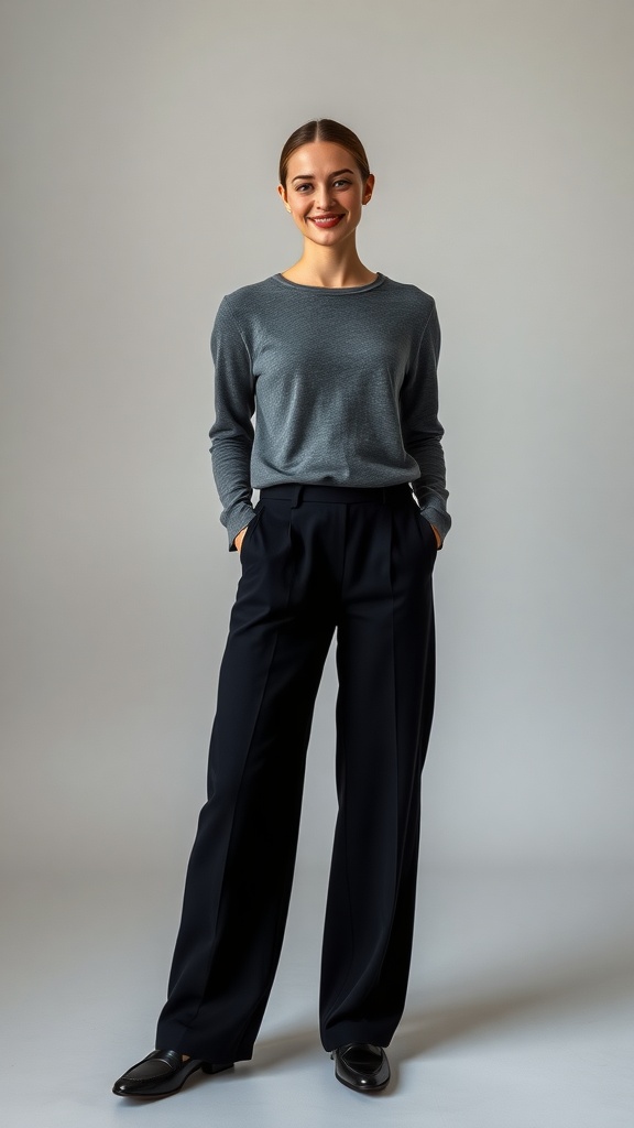 A woman smiling while wearing a grey long sleeve shirt and black wide-leg pants.