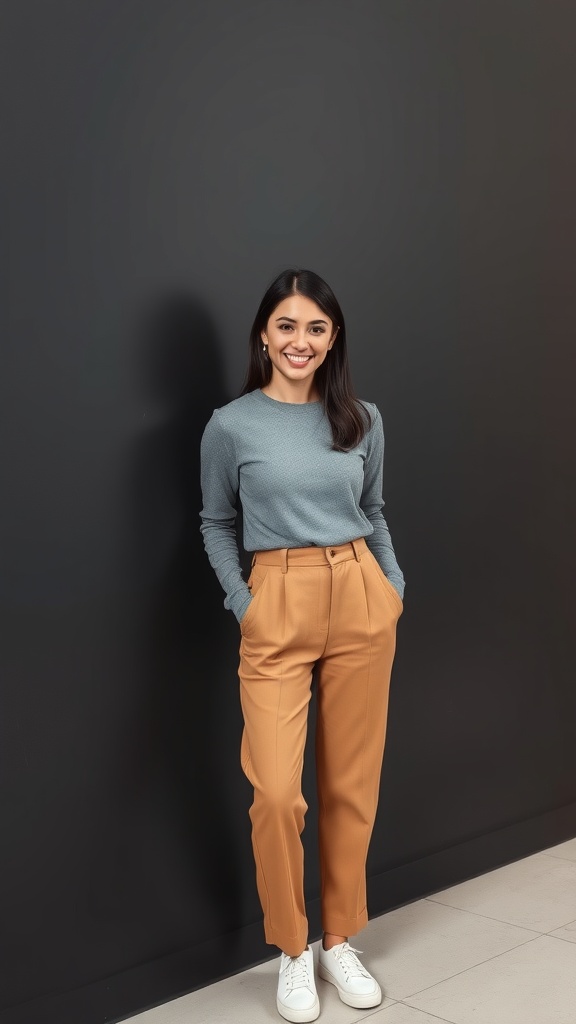 A woman wearing a grey long sleeve shirt and camel trousers, smiling against a dark background.