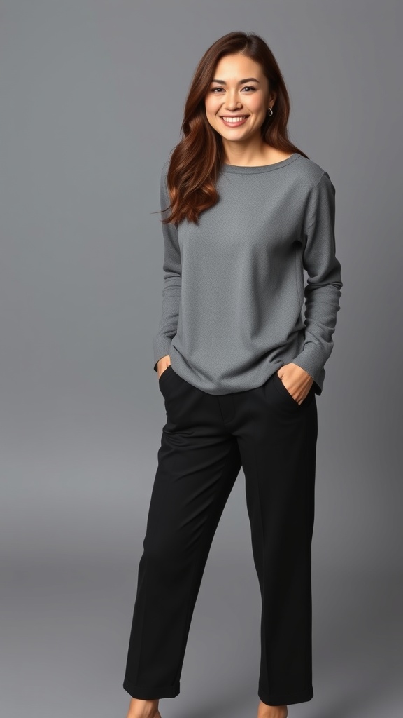 A woman wearing a grey long sleeve shirt, black cropped trousers, and mules, smiling confidently.