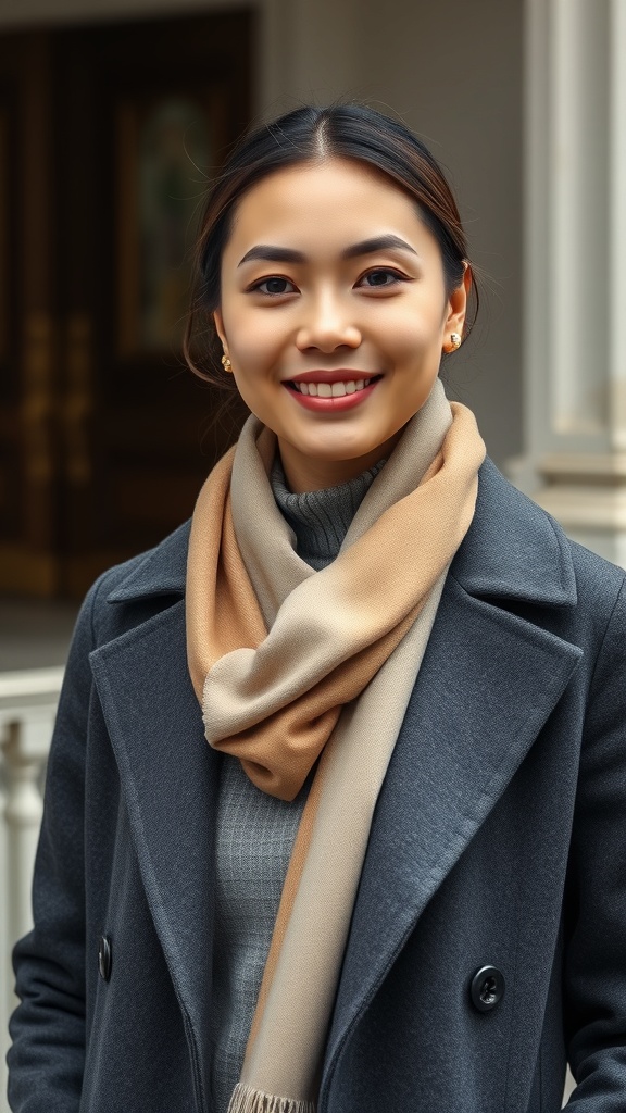 A woman smiling, wearing a grey long sleeve shirt, a long coat, and a beige scarf.