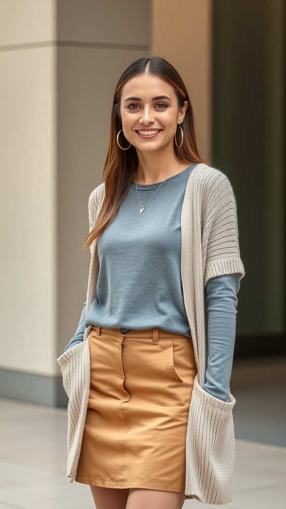 A woman smiling while wearing a grey long sleeve shirt, tan mini skirt, and a beige cardigan.