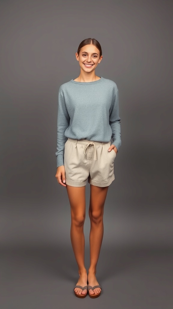 A woman wearing a grey long sleeve shirt and paperbag waist shorts, smiling confidently.