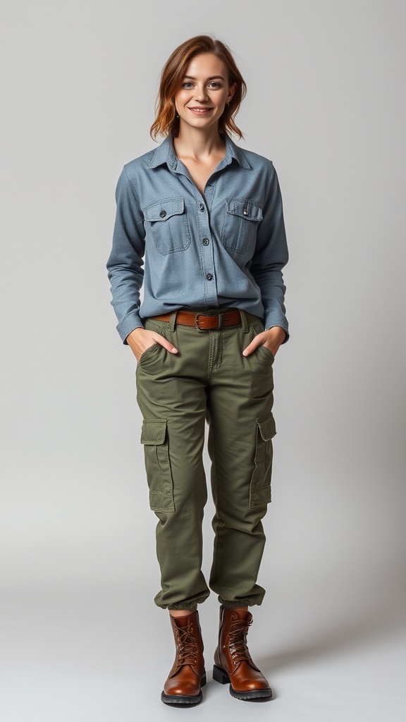 A woman wearing a grey long sleeve shirt and olive green utility pants, smiling confidently.