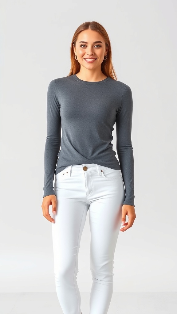 A woman wearing a grey long sleeve shirt and white straight jeans, smiling at the camera.