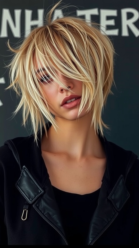 A model with a grunge-inspired shag cut, featuring choppy layers and a tousled finish.