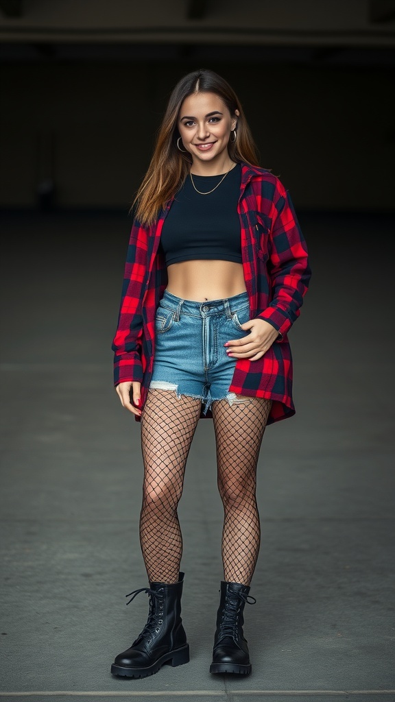 A young woman wearing a red plaid shirt, black crop top, denim shorts, fishnet tights, and black combat boots, showcasing a grunge aesthetic.
