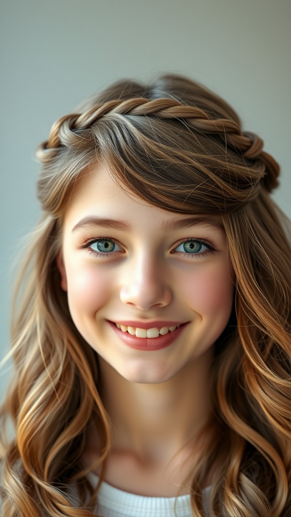 A girl with a half-up braided crown hairstyle, smiling brightly.
