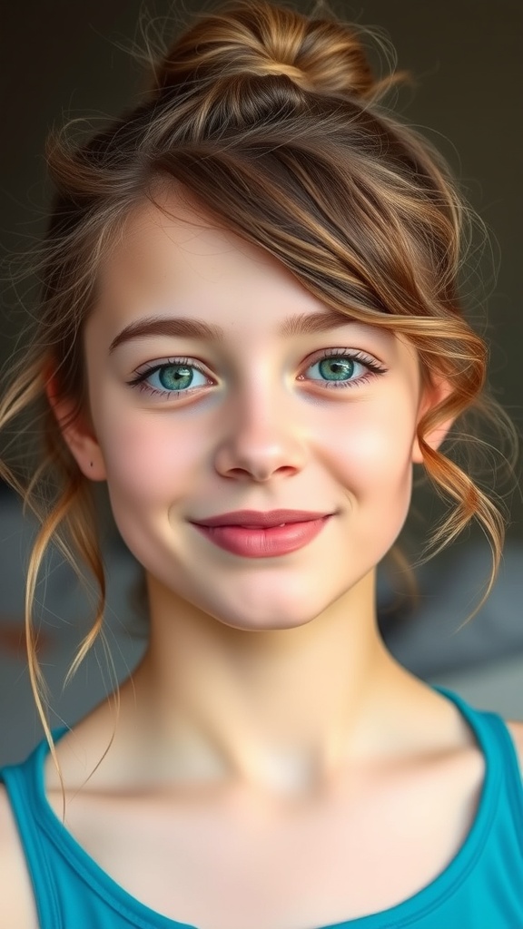 A girl with a half-up bun hairstyle, smiling at the camera.