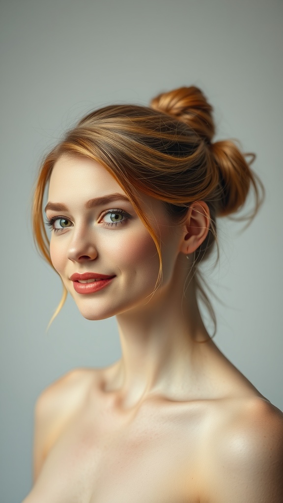 A woman with copper hair styled in a half-up bun, featuring blonde highlights.