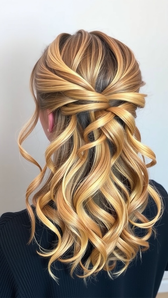 A woman with half-up caramel twist hairstyle showcasing soft waves and caramel blonde hair.