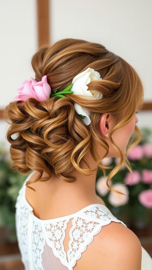 Half-up curly updo hairstyle with flowers for a wedding guest