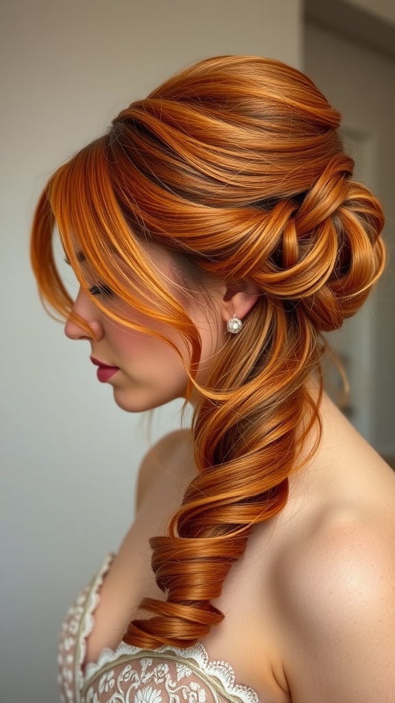A woman with light ginger hair styled in a half-up hairdo featuring soft curls and an elegant twist.
