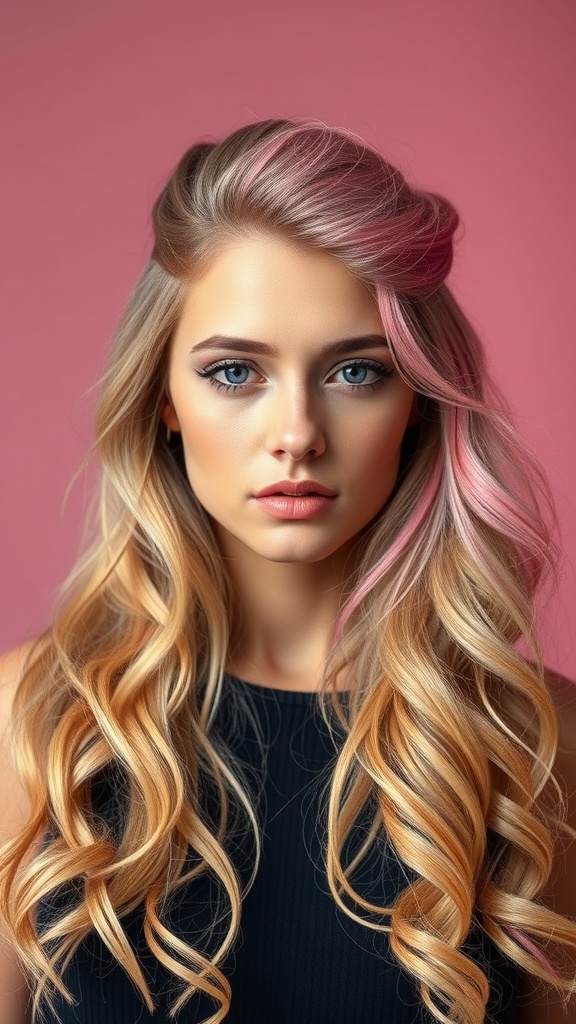 A woman with half-up hairstyle featuring blonde and pink hair, styled in soft waves against a pink background.