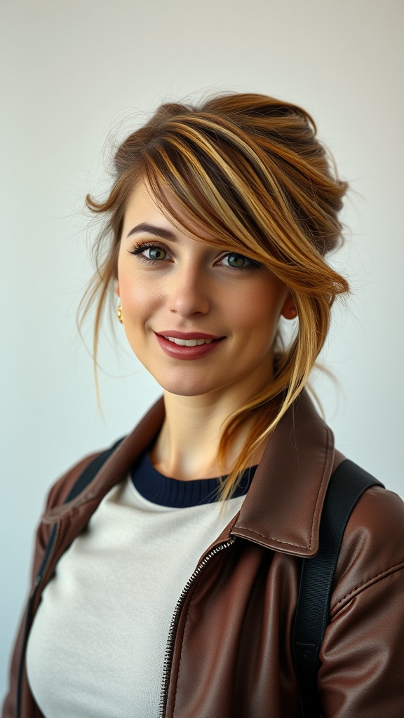 A woman with a half-up half-down layered hairstyle, showcasing soft layers and subtle highlights.