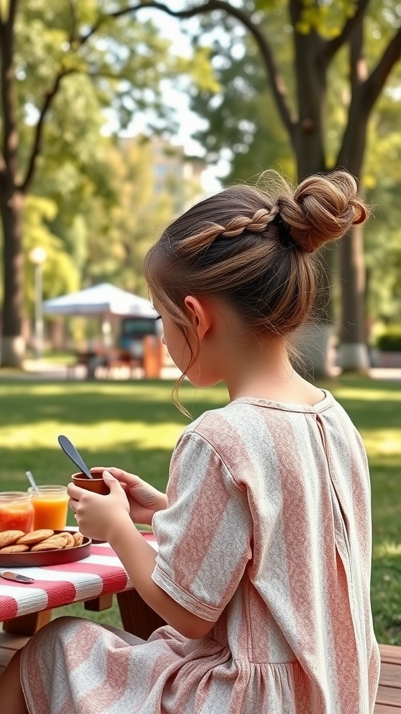 A girl with a half-up, half-down twist hairstyle, enjoying a snack in a park.