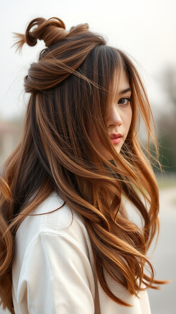 A woman with light chocolate brown hair styled in a half-up, half-down look, featuring soft waves and a playful bun.