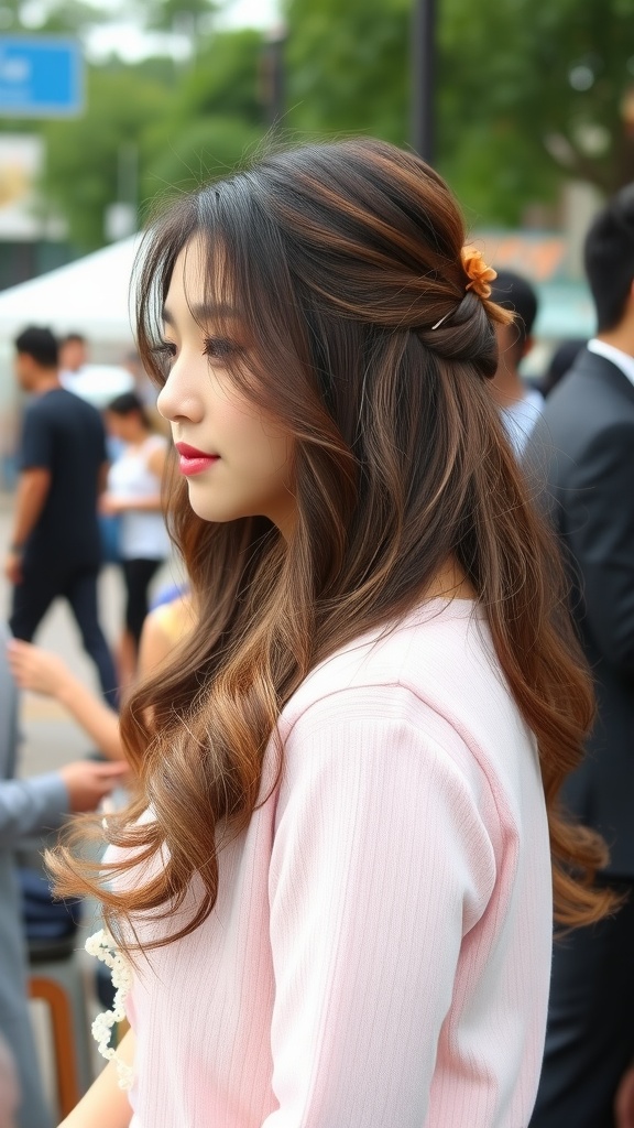 A woman with a half-up half-down hairstyle featuring soft waves and a twisted section at the back.