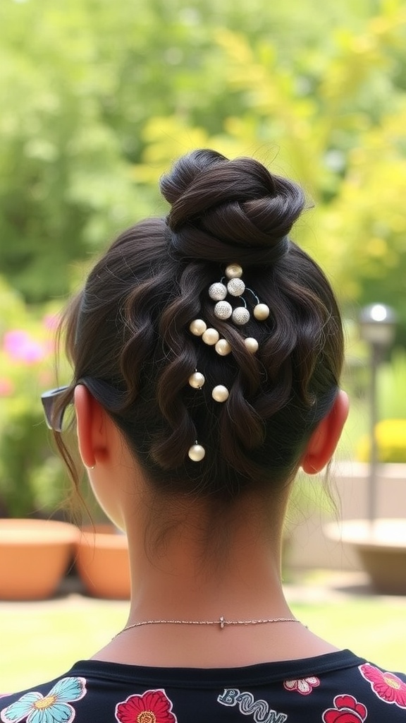 A woman with a half-up knot hairstyle adorned with beads, showcasing a Viking-inspired look.