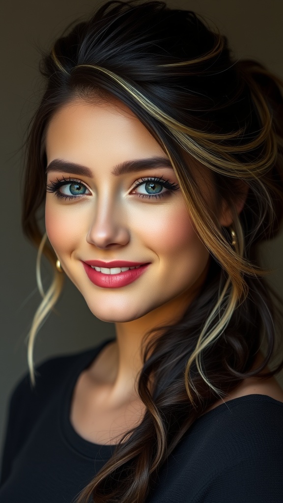 A woman with dark hair styled in a half-up hairstyle featuring caramel blonde highlights, showcasing a bright and fresh look.