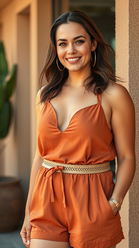 A smiling woman wearing a halter romper with a woven belt, standing outdoors