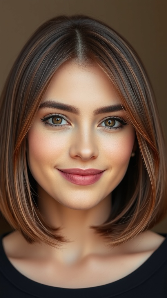 A woman with a hazelnut straight cut hairstyle, featuring warm tones and a sleek finish.