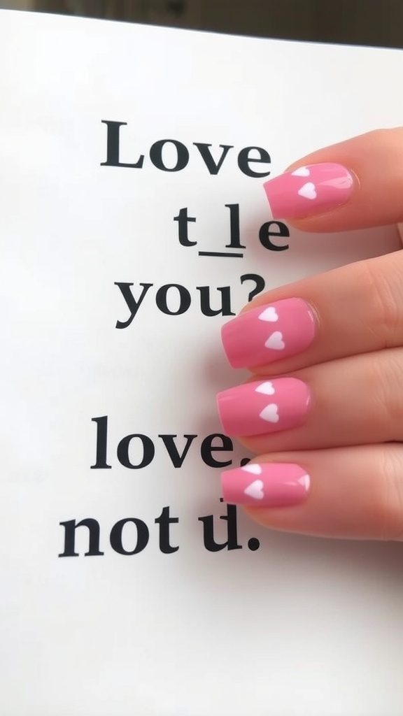 Pink nails with white heart patterns