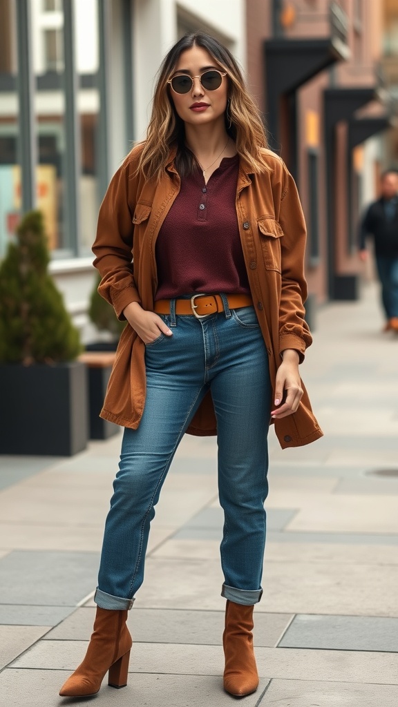 A woman wearing a burgundy Henley top, brown utility jacket, and brown booties, standing on a city street.
