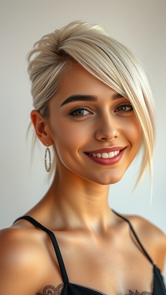A woman with high-contrast blonde highlights on copper hair, smiling and showcasing her stylish look.