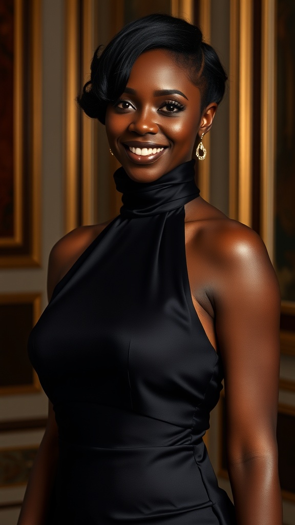 A woman wearing a high-neck satin gown with a side cutout, smiling confidently.