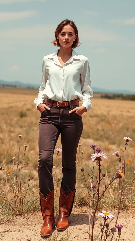 A woman wearing high-waisted cowboy pants with a white shirt and cowboy boots, standing in a field.