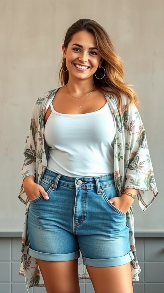 A smiling woman wearing high-waisted denim shorts and a floral kimono, standing with her hands in her pockets.