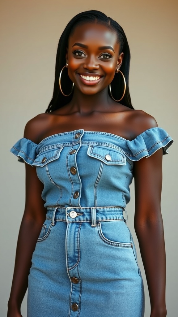 A smiling Black woman wearing a high-waisted denim skirt and a denim corset, showcasing a confident and stylish look.