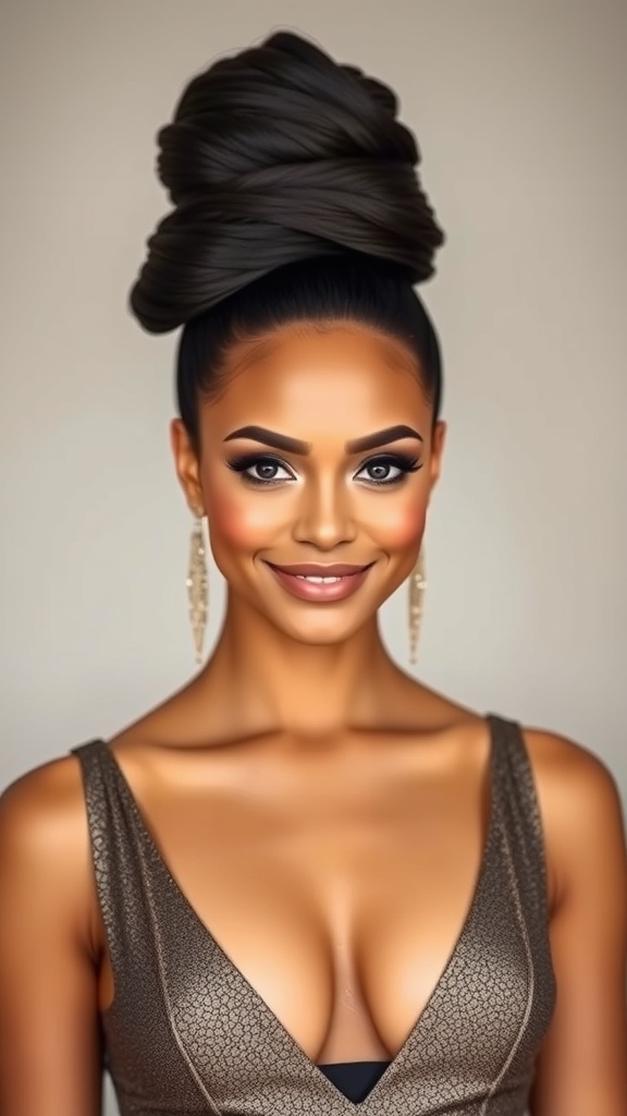 A model with a high bun hairstyle featuring a swirl detail, showcasing a glamorous look.