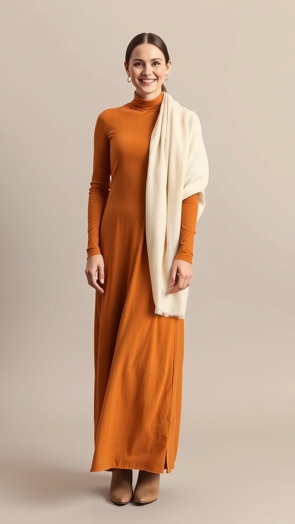 A woman wearing a high neck orange maxi dress with a light shawl, smiling.
