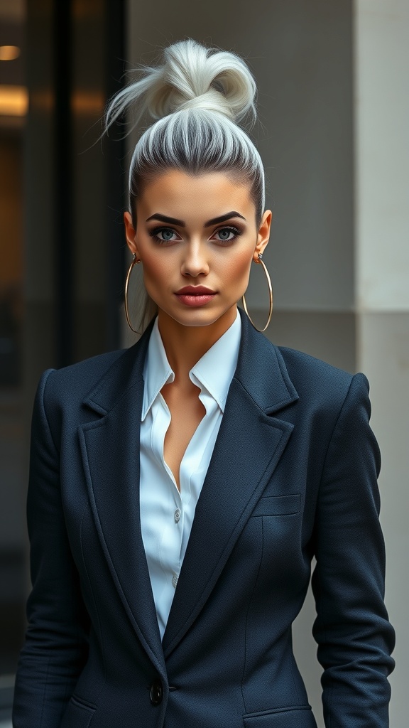 A woman with silver blonde hair styled in a high ponytail, wearing a dark blazer and a white shirt, looking confidently at the camera.