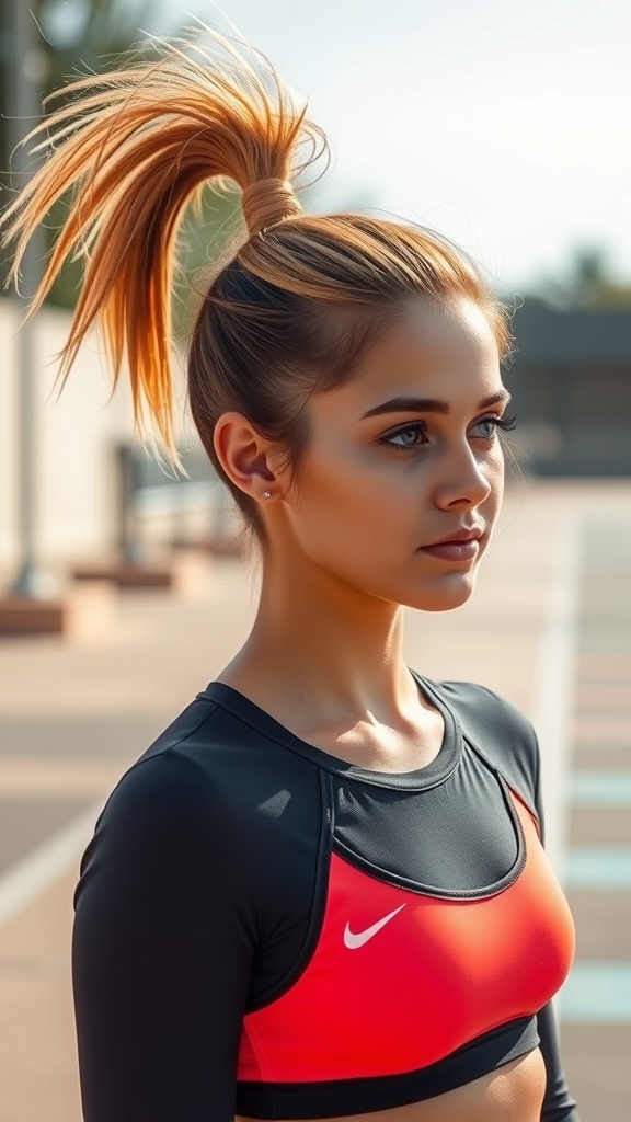 A model with honey tea brown hair styled in a sleek high ponytail, wearing a black and red sports top.