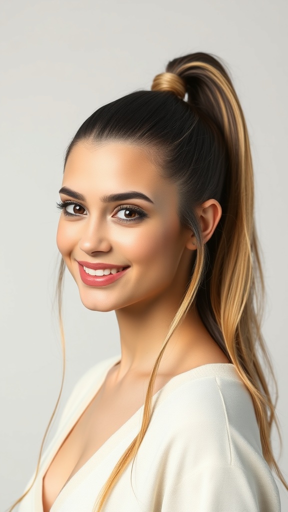 A young woman with a high ponytail featuring caramel blonde highlights on dark hair, smiling confidently.