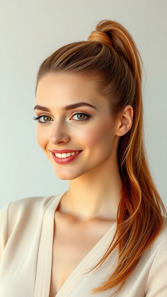A woman with a high ponytail featuring copper hair and blonde highlights, smiling brightly.