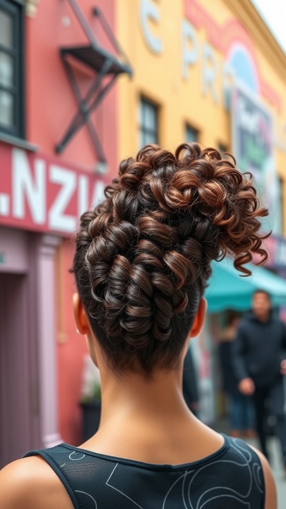 A stylish high puff hairstyle with defined curls, showcasing natural beauty.