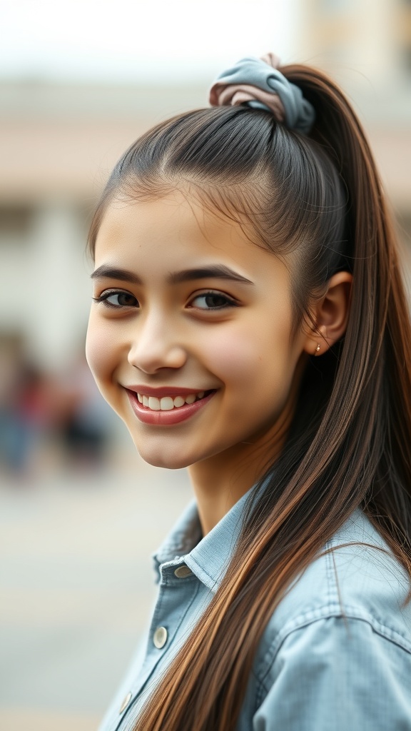 A young girl smiling with a high sleek ponytail and side part, wearing a denim shirt.